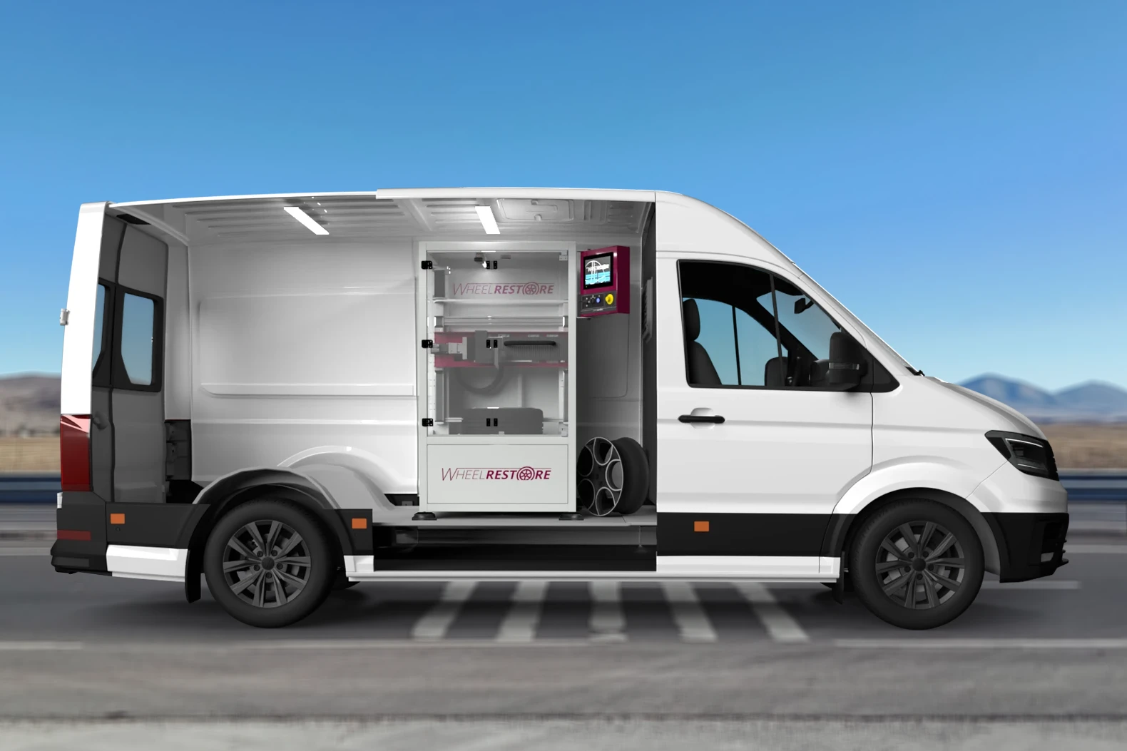 Mobile alloy wheel repair business van on a road
