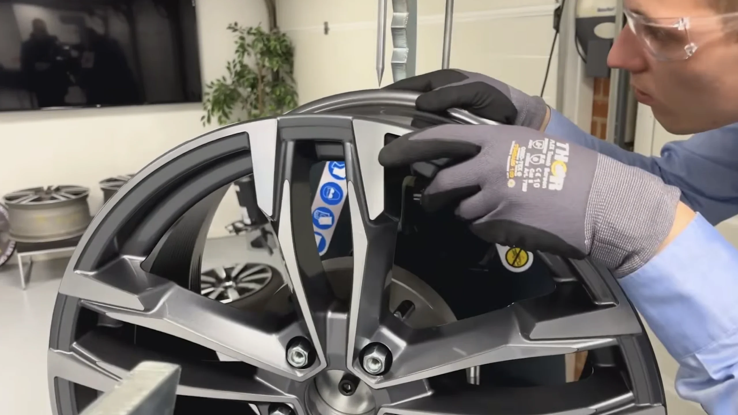 In the process of straightening an alloy wheel using the Electro-Hydraulic Wheel Straightener from Wheel Restore