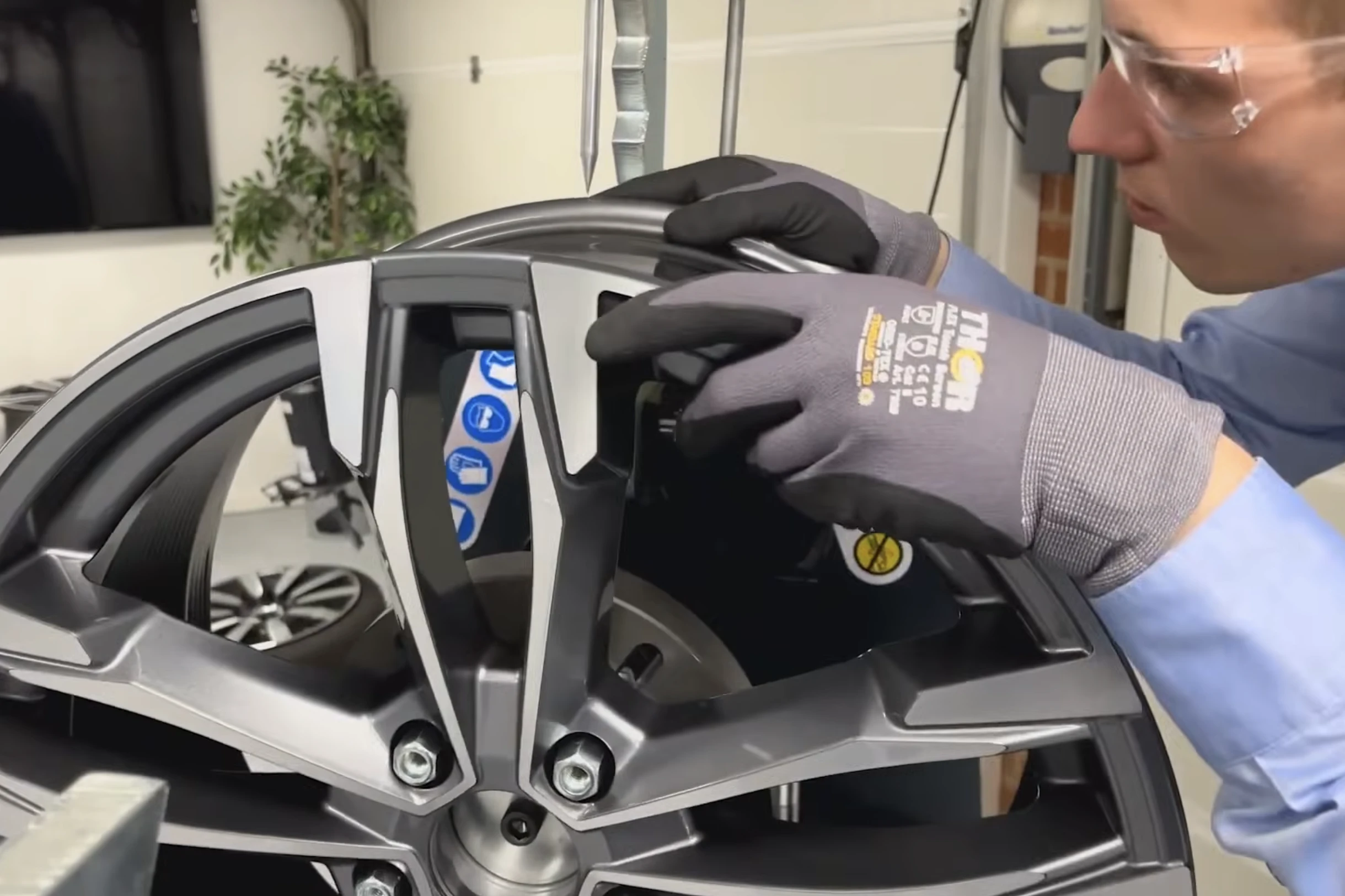 In the process of straightening an alloy wheel using the Electro-Hydraulic Wheel Straightener from Wheel Restore